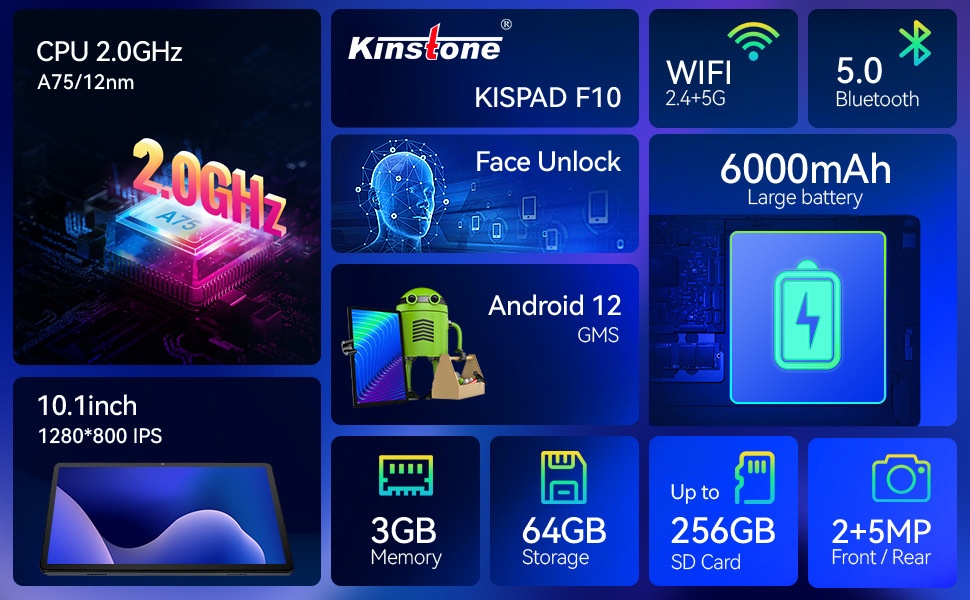 Kinstone 10.1 Inch Android 12 Tablet 3GB RAM 64GB Storage