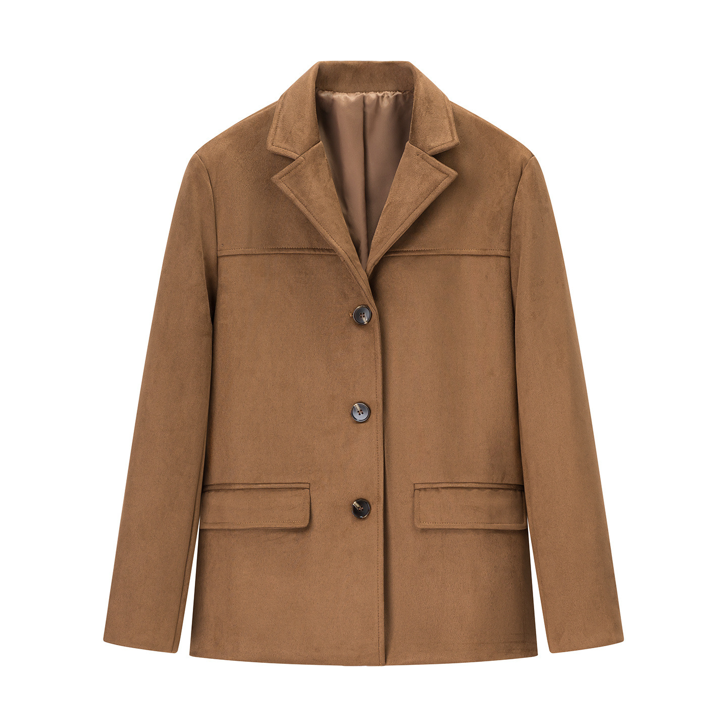 Blazer retro de manga larga con bolsillos para mujer, color marrón, talla grande, KUN-00013