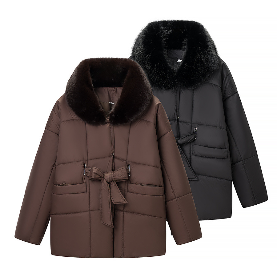 Women's Padded Cotton Coat with Fur Collar and Belt KUN-00005