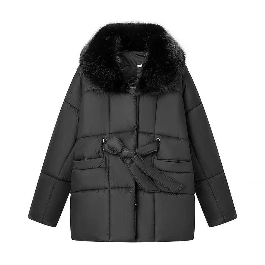 Women's Padded Cotton Coat with Fur Collar and Belt KUN-00005