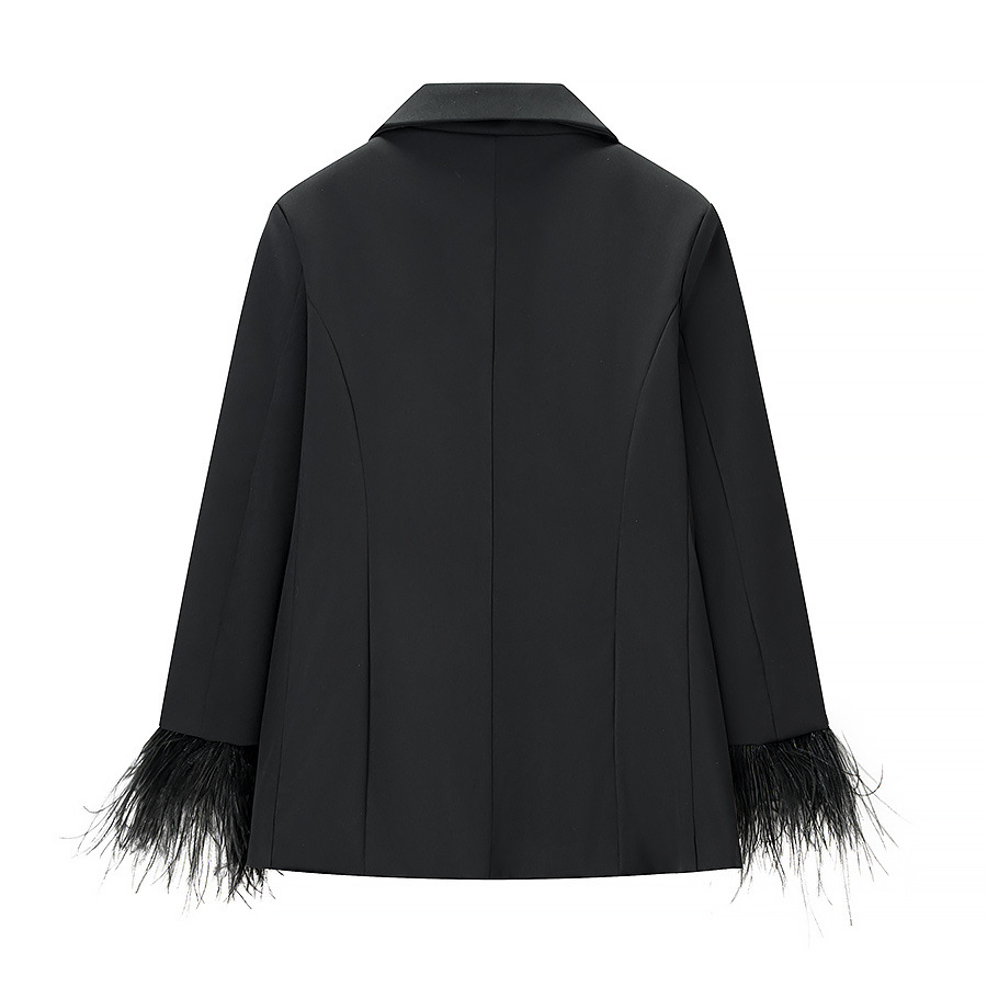 Conjunto de chaqueta con ribete de plumas y pantalón de cintura alta para mujer KUN-00111