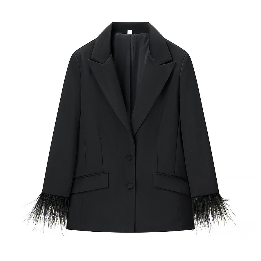 Conjunto de chaqueta con ribete de plumas y pantalón de cintura alta para mujer KUN-00111