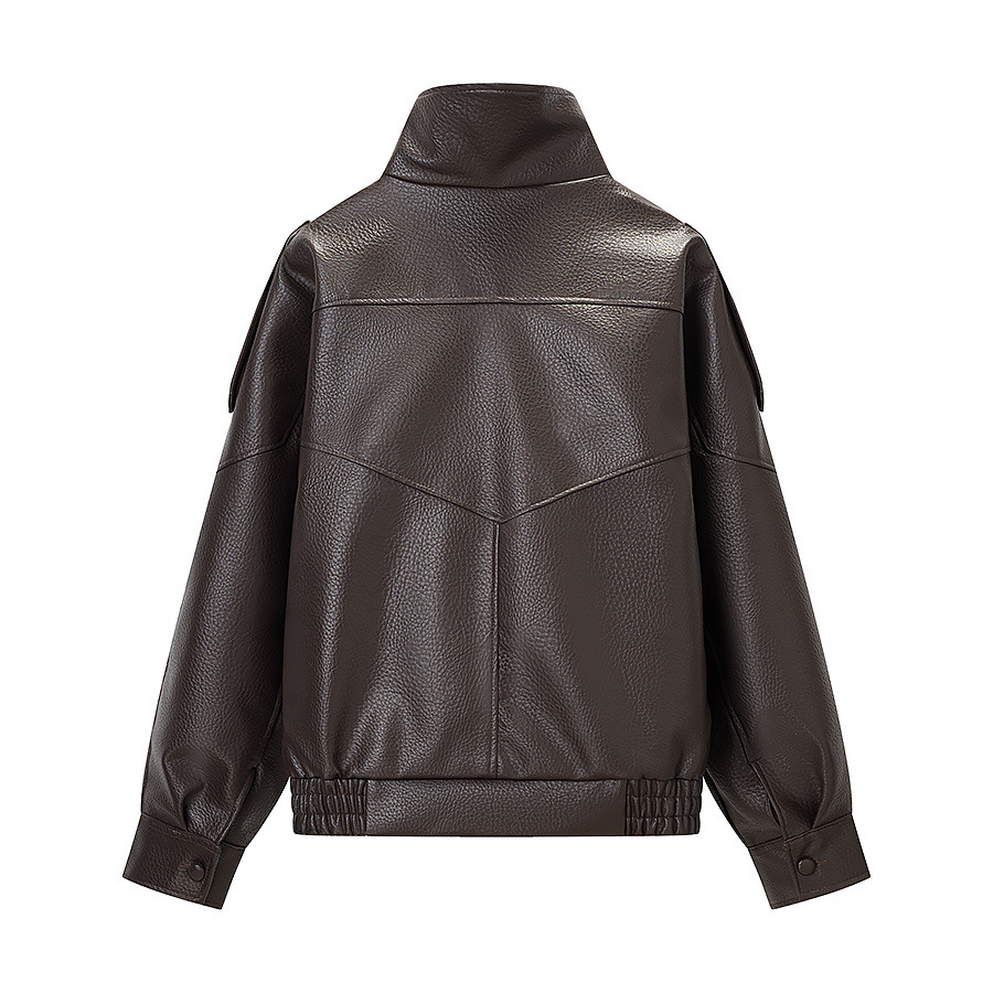 Chaqueta de motociclista clásica de cuero con textura de lichi para mujer KUN-00012