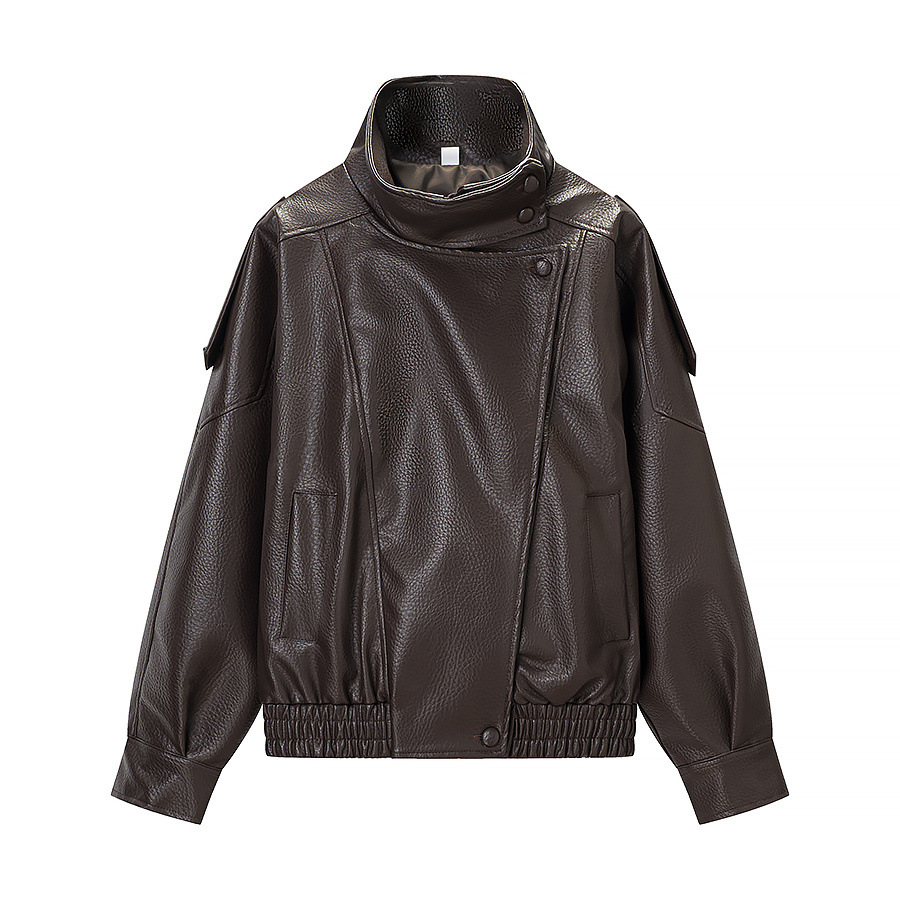Chaqueta de motociclista clásica de cuero con textura de lichi para mujer KUN-00012