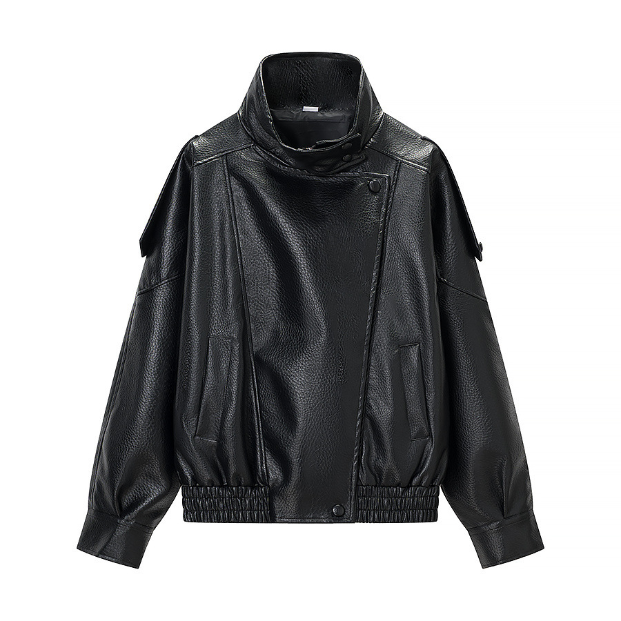 Chaqueta de motociclista clásica de cuero con textura de lichi para mujer KUN-00012