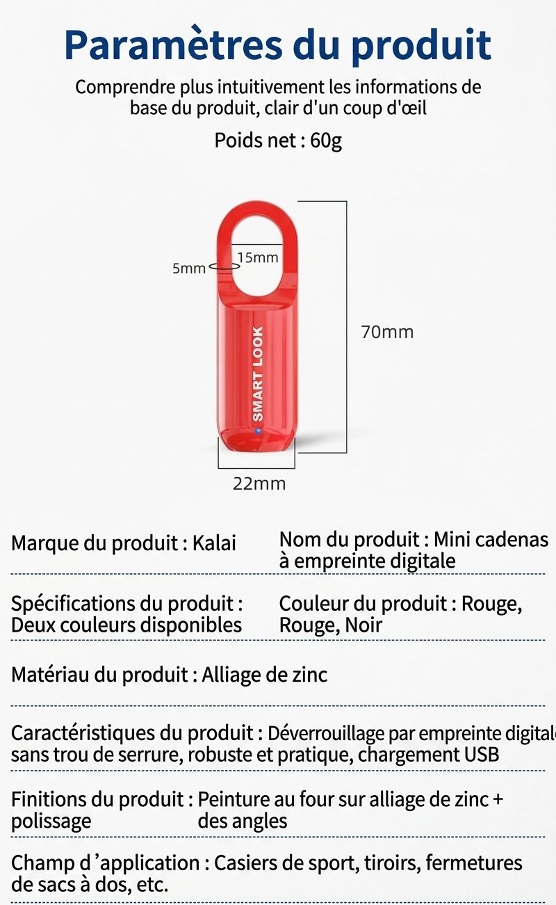 Cadenas intelligent à empreinte digitale, entrée biométrique sans clé, déverrouillage ultra-rapide en 0,3 s, cadenas de sécurité rechargeable par USB pour casier de salle de sport, sac à dos, valise, alliage de zinc