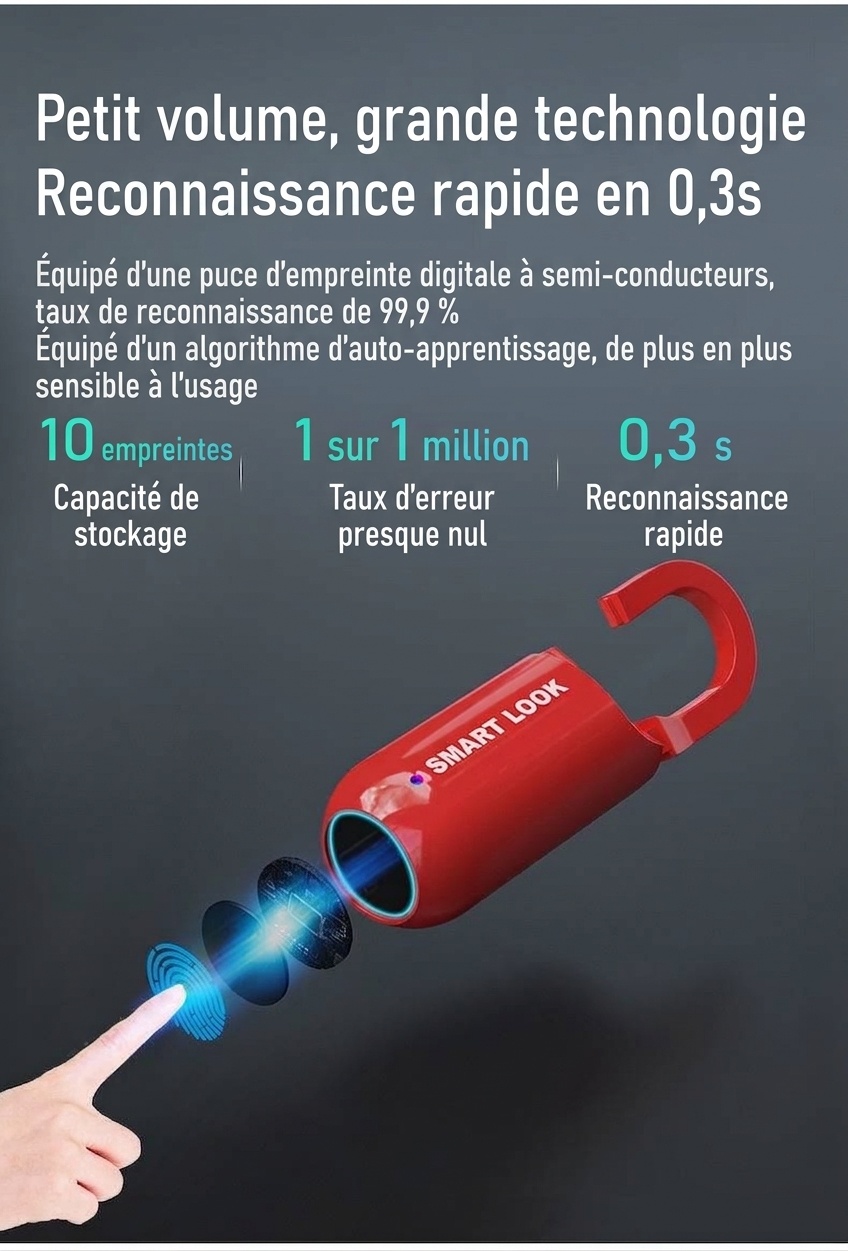 Cadenas intelligent à empreinte digitale, entrée biométrique sans clé, déverrouillage ultra-rapide en 0,3 s, cadenas de sécurité rechargeable par USB pour casier de salle de sport, sac à dos, valise, alliage de zinc
