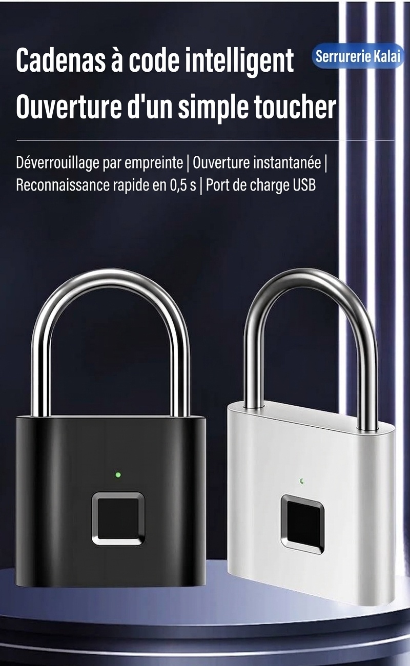 Cadenas biométrique intelligent étanche IP55, déverrouillage rapide en 0,5 s, autonomie de 180 jours, robuste, en alliage de zinc et acier inoxydable, idéal pour portail, vélo et usage extérieur.