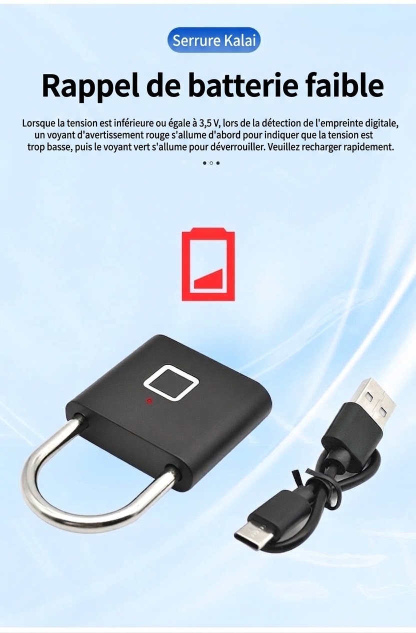 Cadenas biométrique intelligent étanche IP55, déverrouillage rapide en 0,5 s, autonomie de 180 jours, robuste, en alliage de zinc et acier inoxydable, idéal pour portail, vélo et usage extérieur.