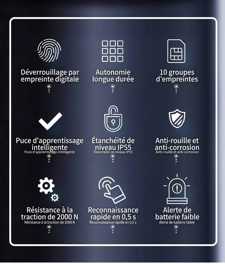 Cadenas biométrique intelligent étanche IP55, déverrouillage rapide en 0,5 s, autonomie de 180 jours, robuste, en alliage de zinc et acier inoxydable, idéal pour portail, vélo et usage extérieur.