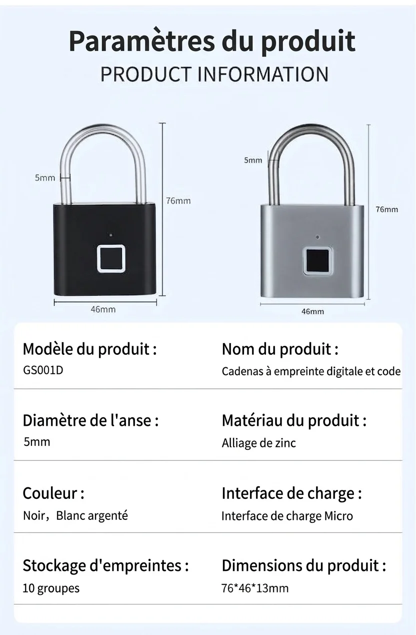 Cadenas biométrique intelligent étanche IP55, déverrouillage rapide en 0,5 s, autonomie de 180 jours, robuste, en alliage de zinc et acier inoxydable, idéal pour portail, vélo et usage extérieur.