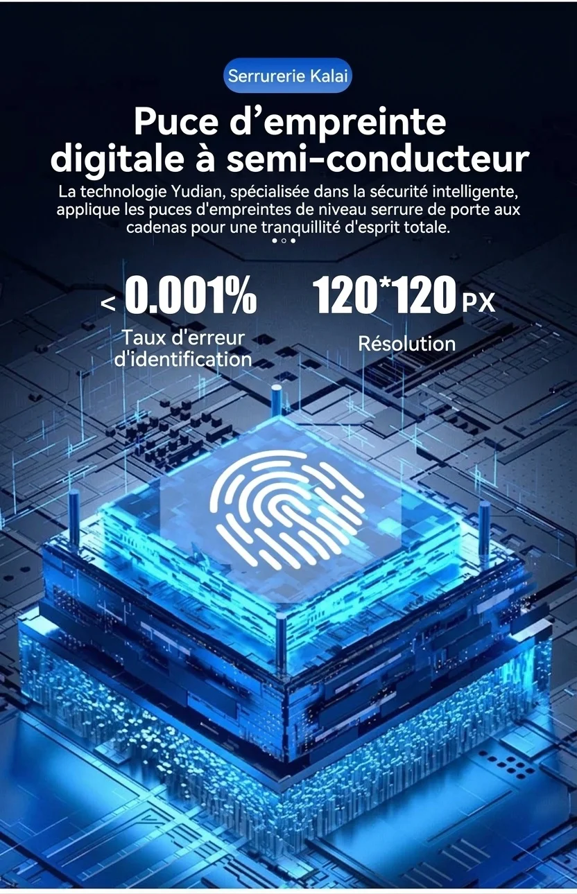 Cadenas biométrique intelligent étanche IP55, déverrouillage rapide en 0,5 s, autonomie de 180 jours, robuste, en alliage de zinc et acier inoxydable, idéal pour portail, vélo et usage extérieur.