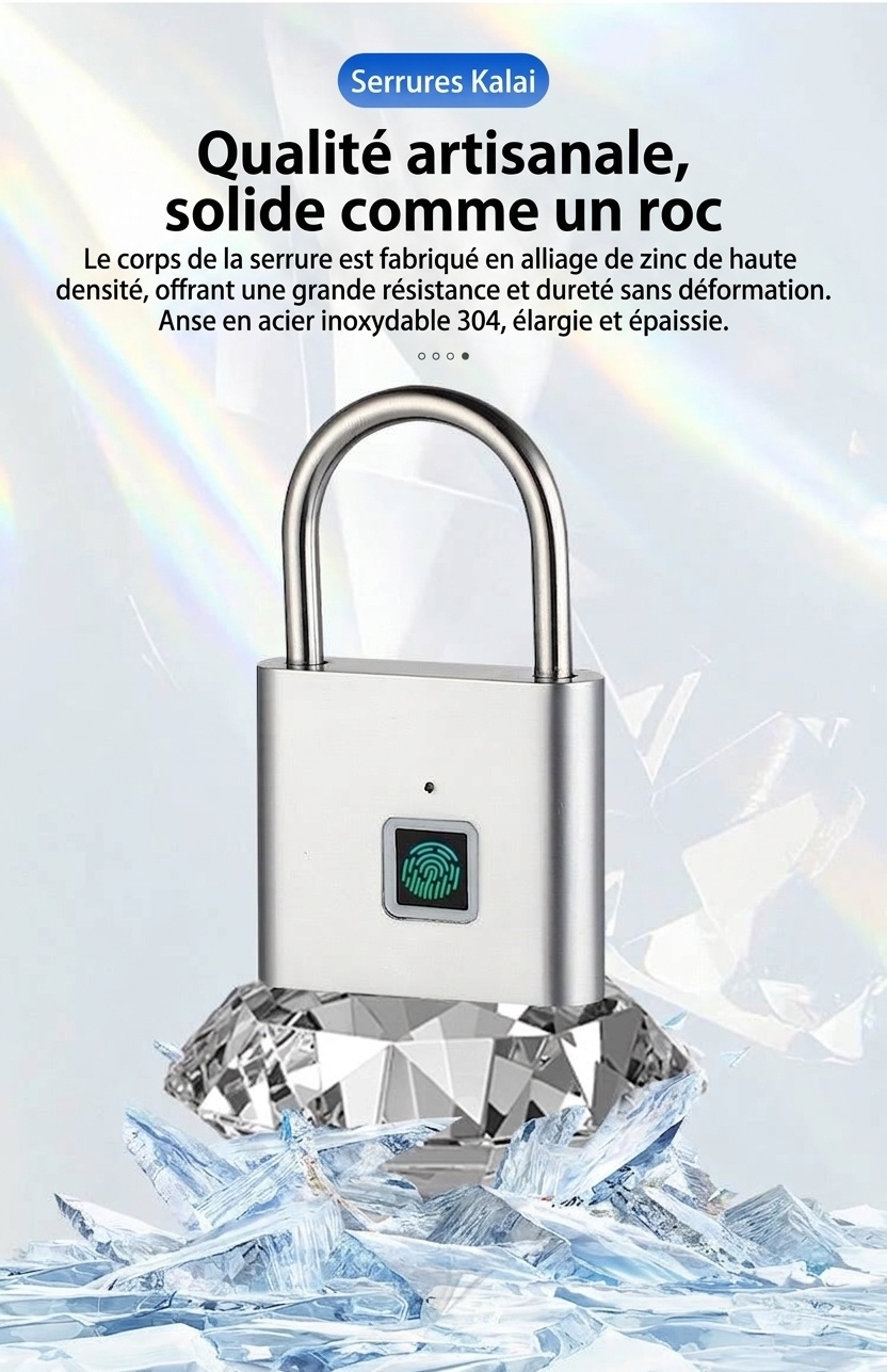 Cadenas biométrique intelligent étanche IP55, déverrouillage rapide en 0,5 s, autonomie de 180 jours, robuste, en alliage de zinc et acier inoxydable, idéal pour portail, vélo et usage extérieur.
