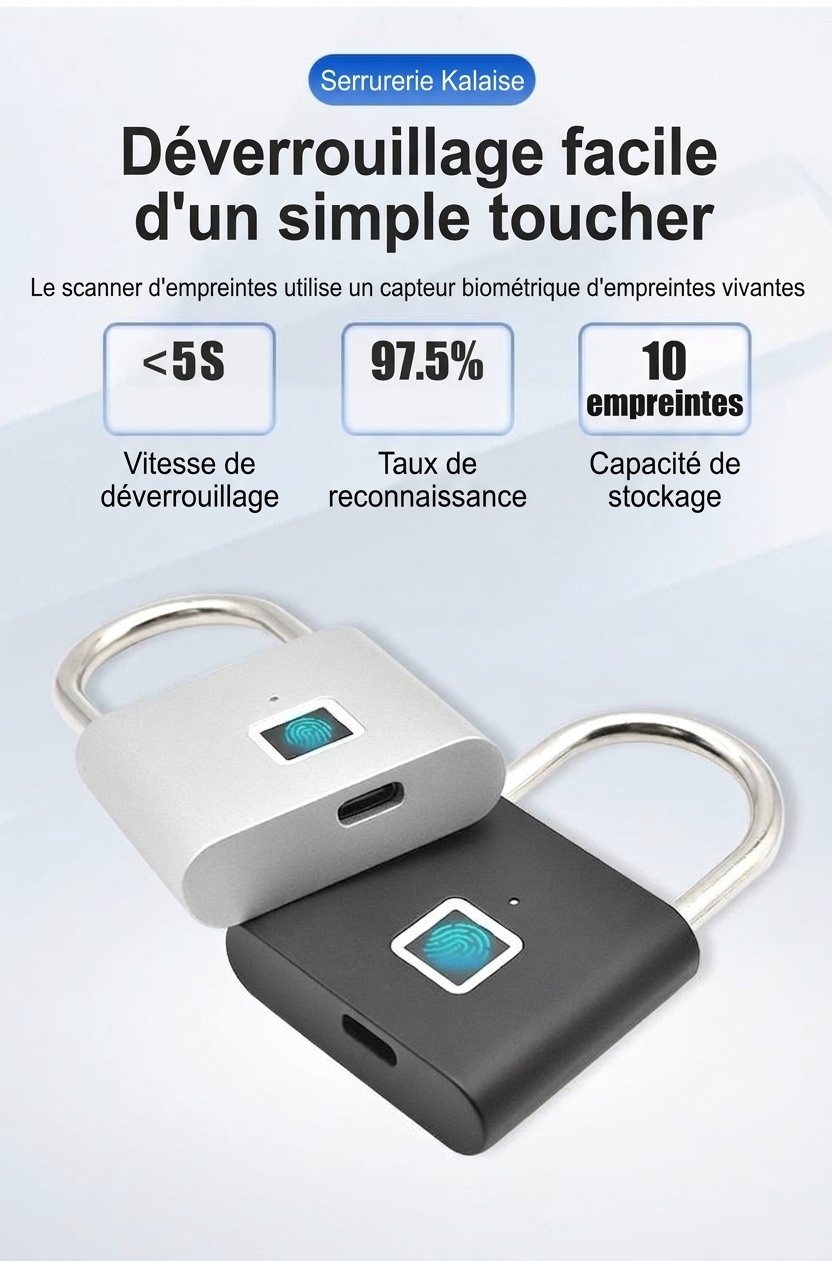 Cadenas biométrique intelligent étanche IP55, déverrouillage rapide en 0,5 s, autonomie de 180 jours, robuste, en alliage de zinc et acier inoxydable, idéal pour portail, vélo et usage extérieur.