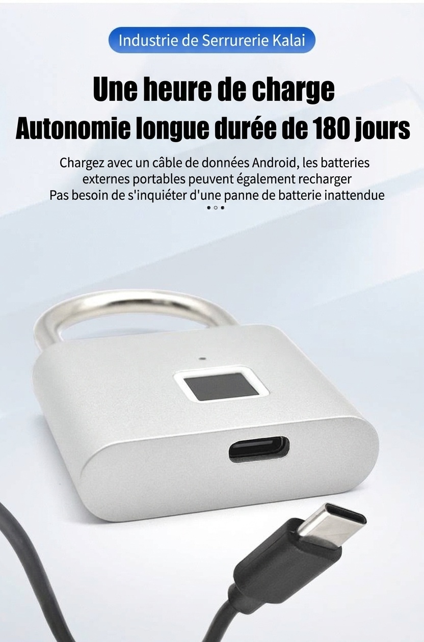 Cadenas biométrique intelligent étanche IP55, déverrouillage rapide en 0,5 s, autonomie de 180 jours, robuste, en alliage de zinc et acier inoxydable, idéal pour portail, vélo et usage extérieur.