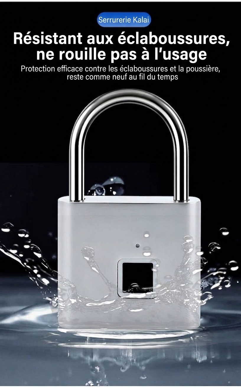 Cadenas biométrique intelligent étanche IP55, déverrouillage rapide en 0,5 s, autonomie de 180 jours, robuste, en alliage de zinc et acier inoxydable, idéal pour portail, vélo et usage extérieur.