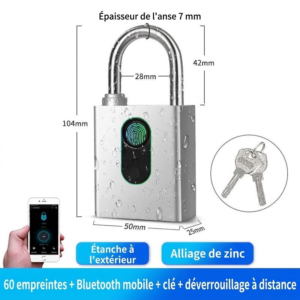 Cadenas intelligent Bluetooth à empreinte digitale avec contrôle via application, verrouillage de sécurité sans clé, autonomie en veille de 180 jours, accès partageable pour salle de sport, armoire, bagages