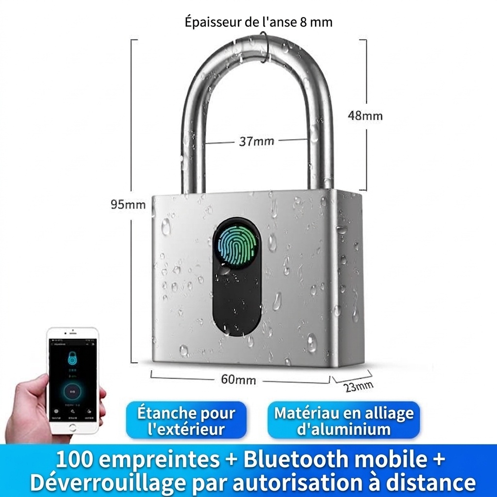 Cadenas intelligent Bluetooth à empreinte digitale avec contrôle via application, verrouillage de sécurité sans clé, autonomie en veille de 180 jours, accès partageable pour salle de sport, armoire, bagages