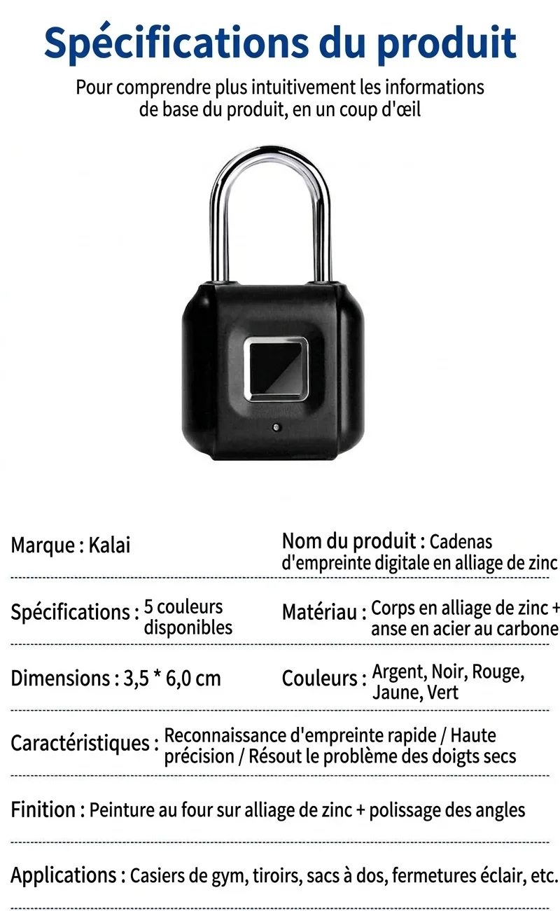 Cadenas biométrique à empreinte digitale, étanche IP26, sans clé, autonomie d'un an en veille, rechargeable par USB, anse robuste en alliage de zinc, idéal pour la salle de sport, l'école et les voyages.