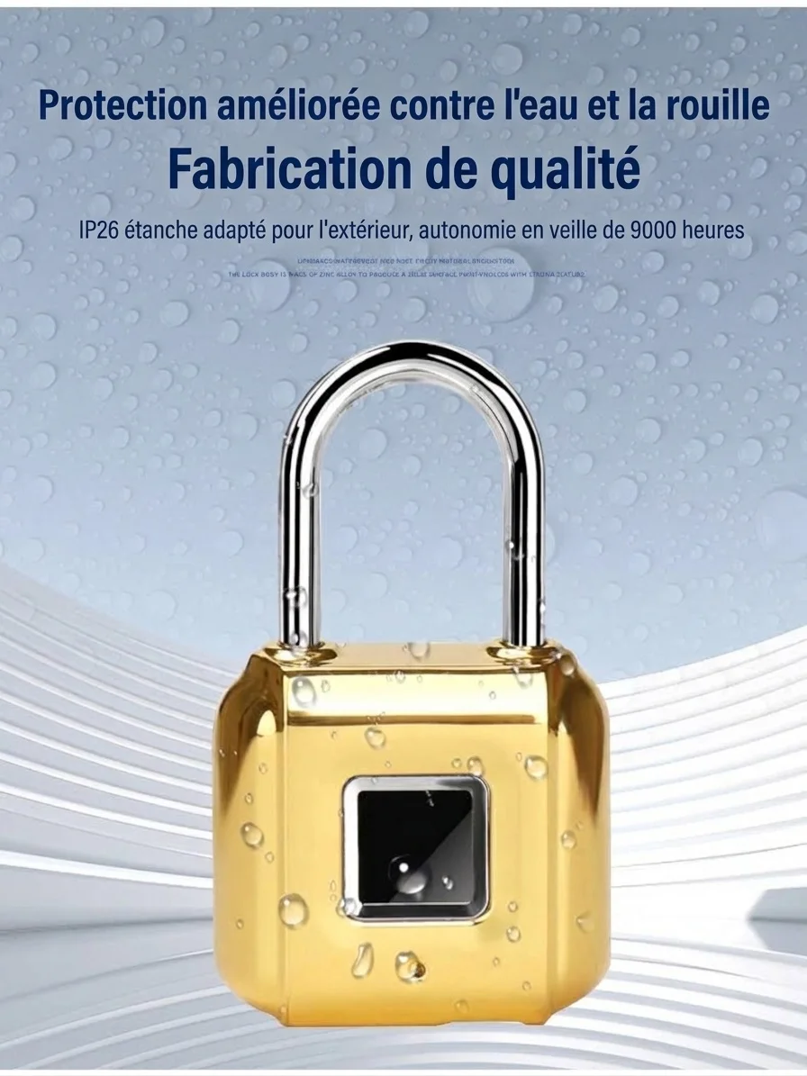 Cadenas biométrique à empreinte digitale, étanche IP26, sans clé, autonomie d'un an en veille, rechargeable par USB, anse robuste en alliage de zinc, idéal pour la salle de sport, l'école et les voyages.