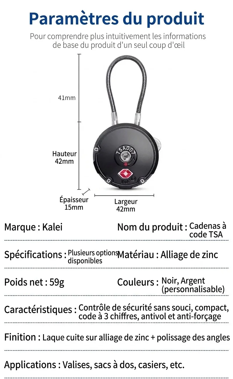 Cadenas de voyage homologué TSA, câble à combinaison 3 chiffres, câble en acier flexible, cadenas réinitialisable pour valise, sac à dos, casier de salle de sport