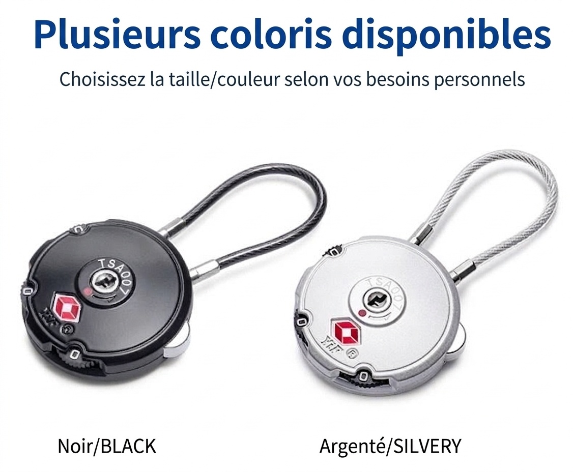 Cadenas de voyage homologué TSA, câble à combinaison 3 chiffres, câble en acier flexible, cadenas réinitialisable pour valise, sac à dos, casier de salle de sport