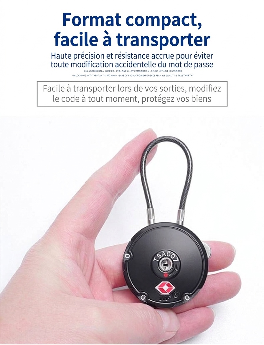 Cadenas de voyage homologué TSA, câble à combinaison 3 chiffres, câble en acier flexible, cadenas réinitialisable pour valise, sac à dos, casier de salle de sport