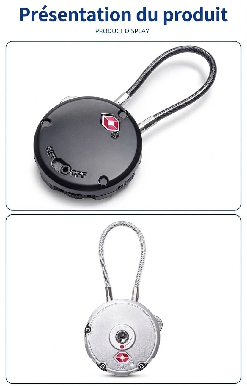 Cadenas de voyage homologué TSA, câble à combinaison 3 chiffres, câble en acier flexible, cadenas réinitialisable pour valise, sac à dos, casier de salle de sport