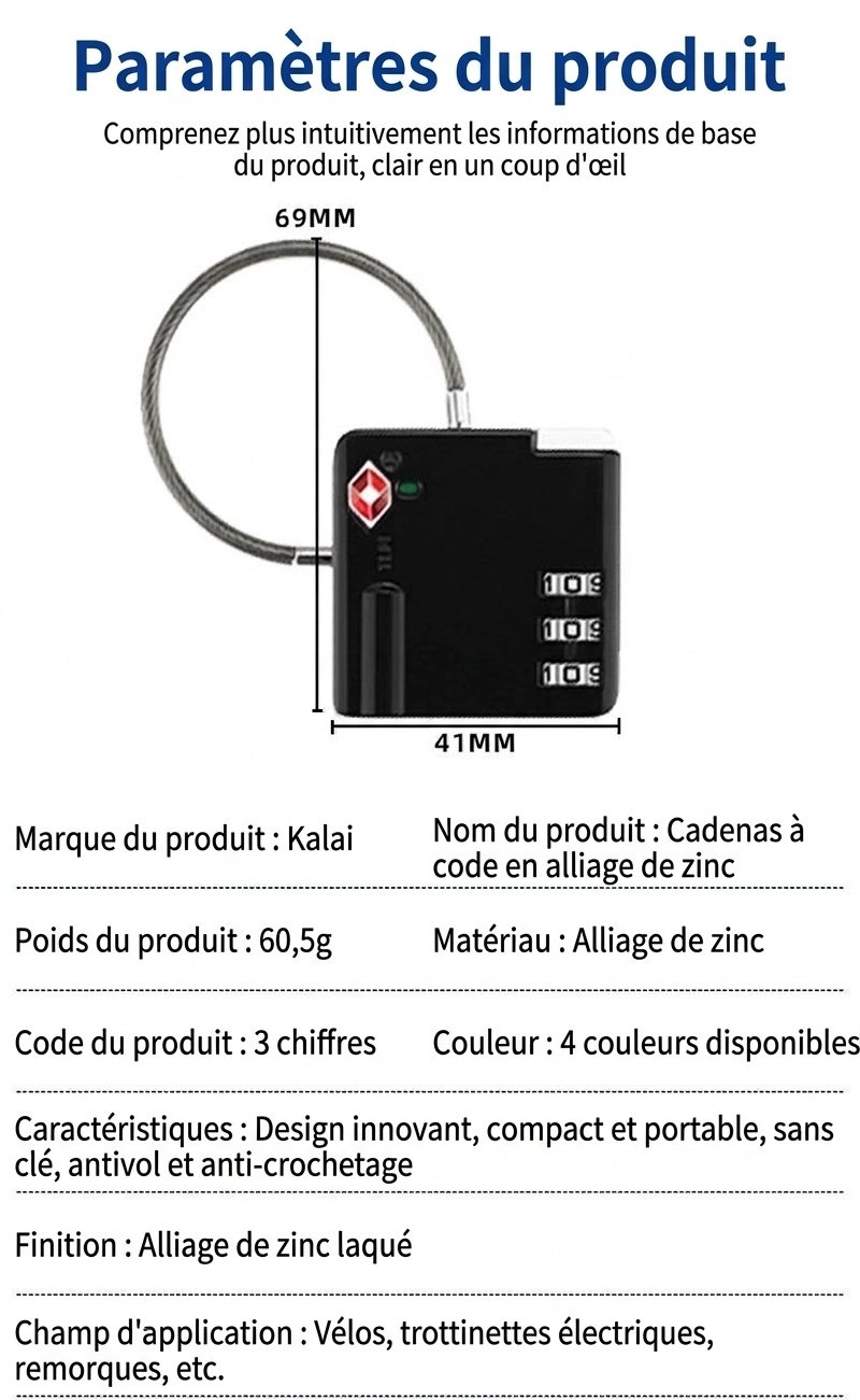 Cadenas de bagage à câble flexible homologué TSA, cadenas de sécurité à combinaison 3 chiffres, corps en alliage de zinc pour valise, casier de salle de sport, sac à dos