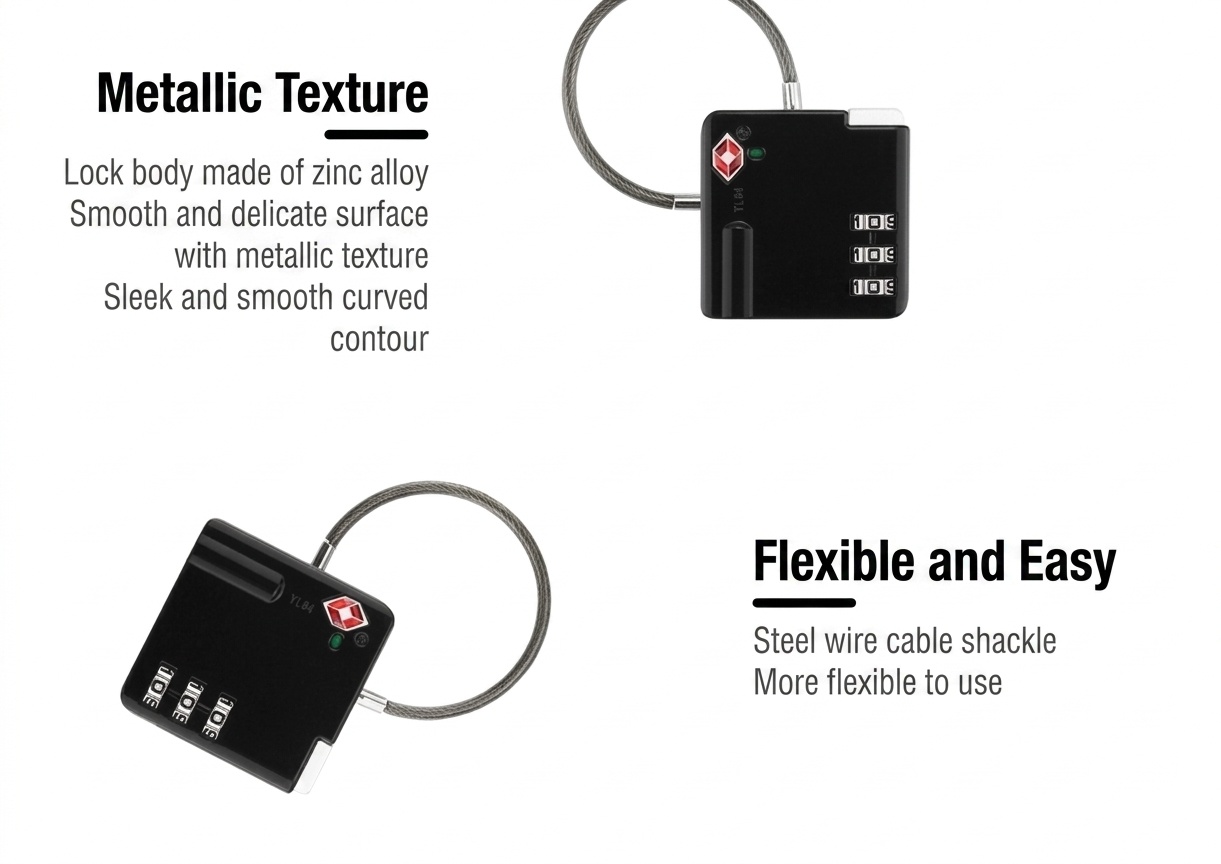 Flexible Cable TSA Approved Luggage Lock, 3-Digit Combination Security Padlock, Zinc Alloy Body for Travel Suitcase, Gym Locker, Backpack