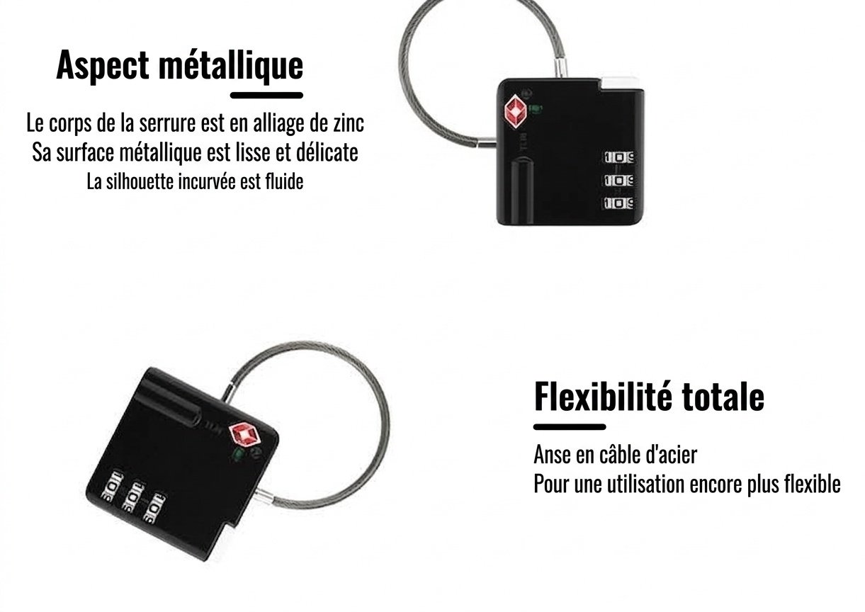 Cadenas de bagage à câble flexible homologué TSA, cadenas de sécurité à combinaison 3 chiffres, corps en alliage de zinc pour valise, casier de salle de sport, sac à dos
