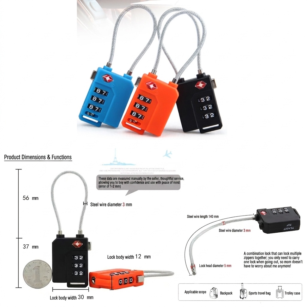 TSA Approved 3-Digit Combination Cable Locks for Luggage, Vibrant Color Travel Security Padlock, Flexible Steel Wire for Backpack, Suitcase, Locker