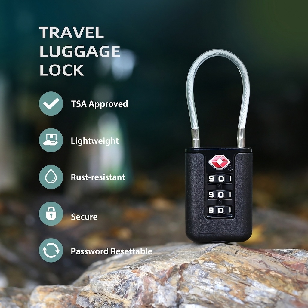 Lightweight TSA Approved 3-Dial Combination Travel Lock, Rust-Resistant Steel Wire Shackle, Resettable Security Padlock for Luggage, Backpack