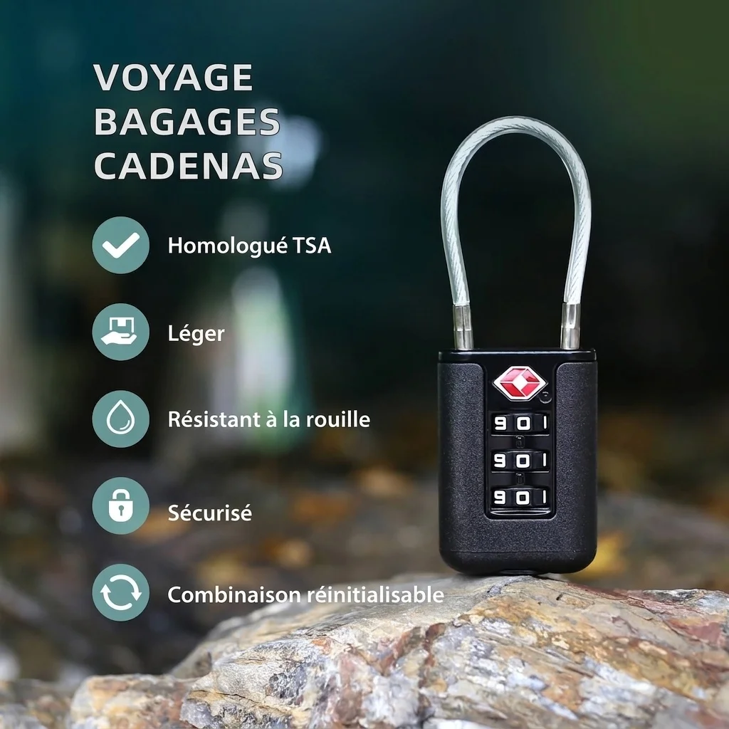Cadenas de voyage léger à combinaison 3 chiffres, homologué TSA, anse en fil d'acier inoxydable, cadenas de sécurité réinitialisable pour bagages et sacs à dos