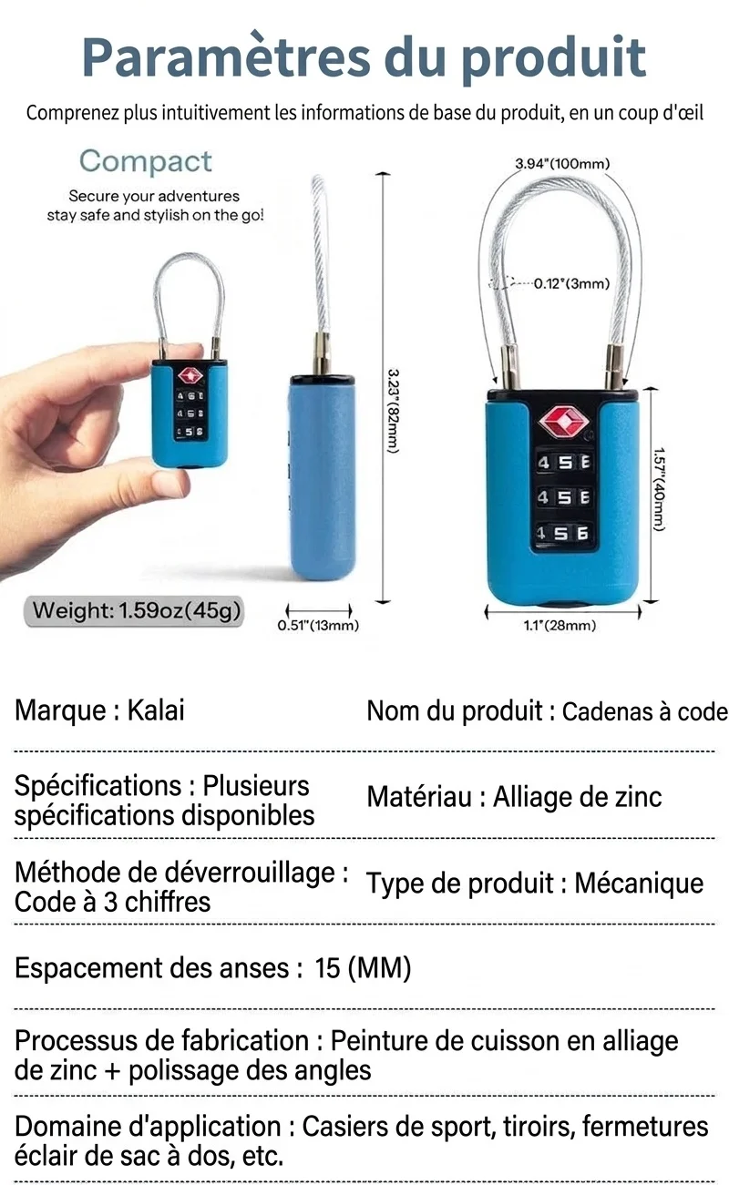 Cadenas de voyage léger à combinaison 3 chiffres, homologué TSA, anse en fil d'acier inoxydable, cadenas de sécurité réinitialisable pour bagages et sacs à dos