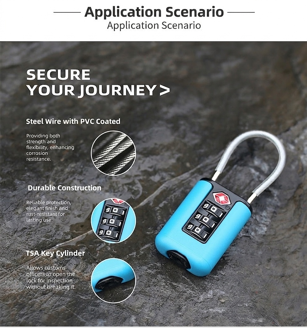 Lightweight TSA Approved 3-Dial Combination Travel Lock, Rust-Resistant Steel Wire Shackle, Resettable Security Padlock for Luggage, Backpack