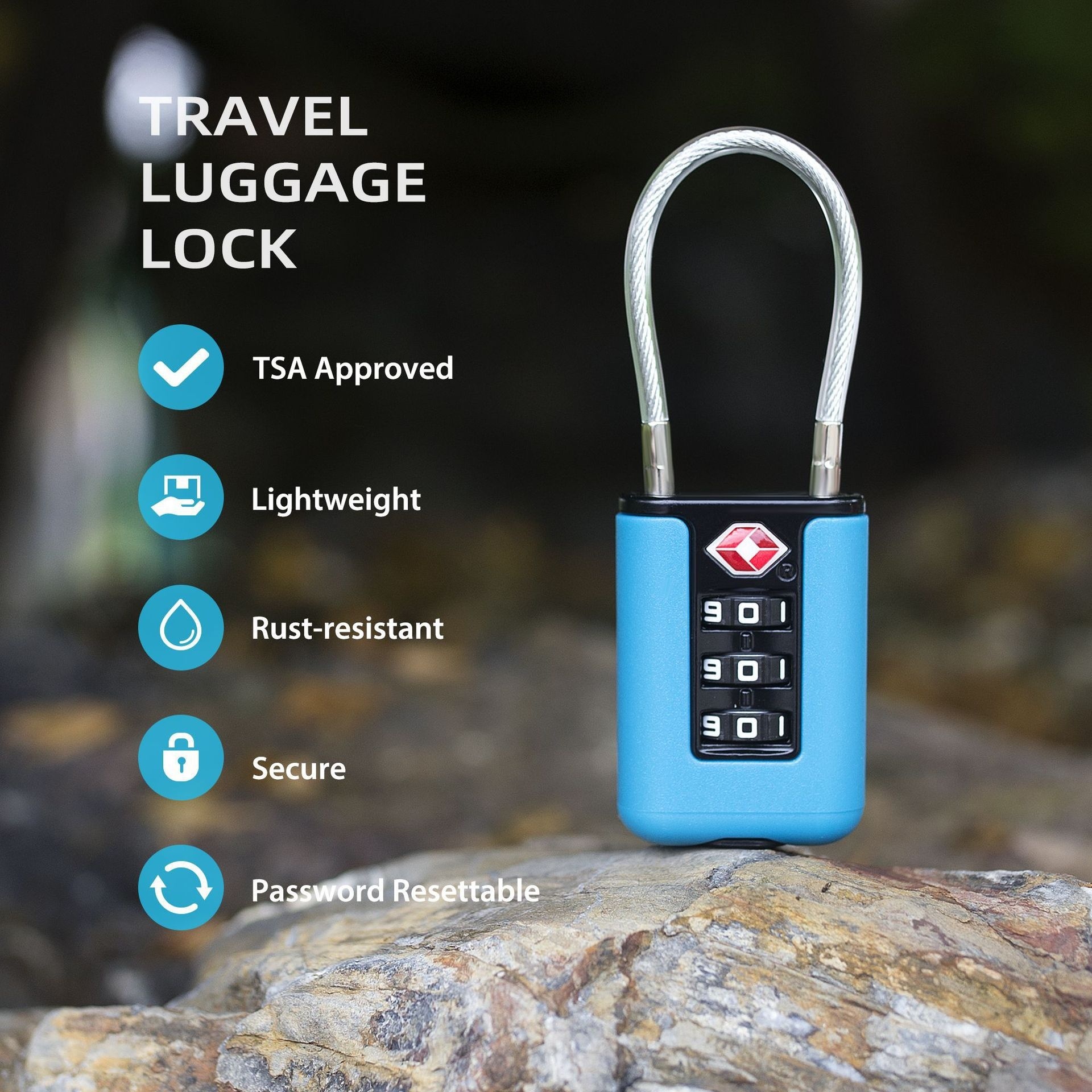 Lightweight TSA Approved 3-Dial Combination Travel Lock, Rust-Resistant Steel Wire Shackle, Resettable Security Padlock for Luggage, Backpack