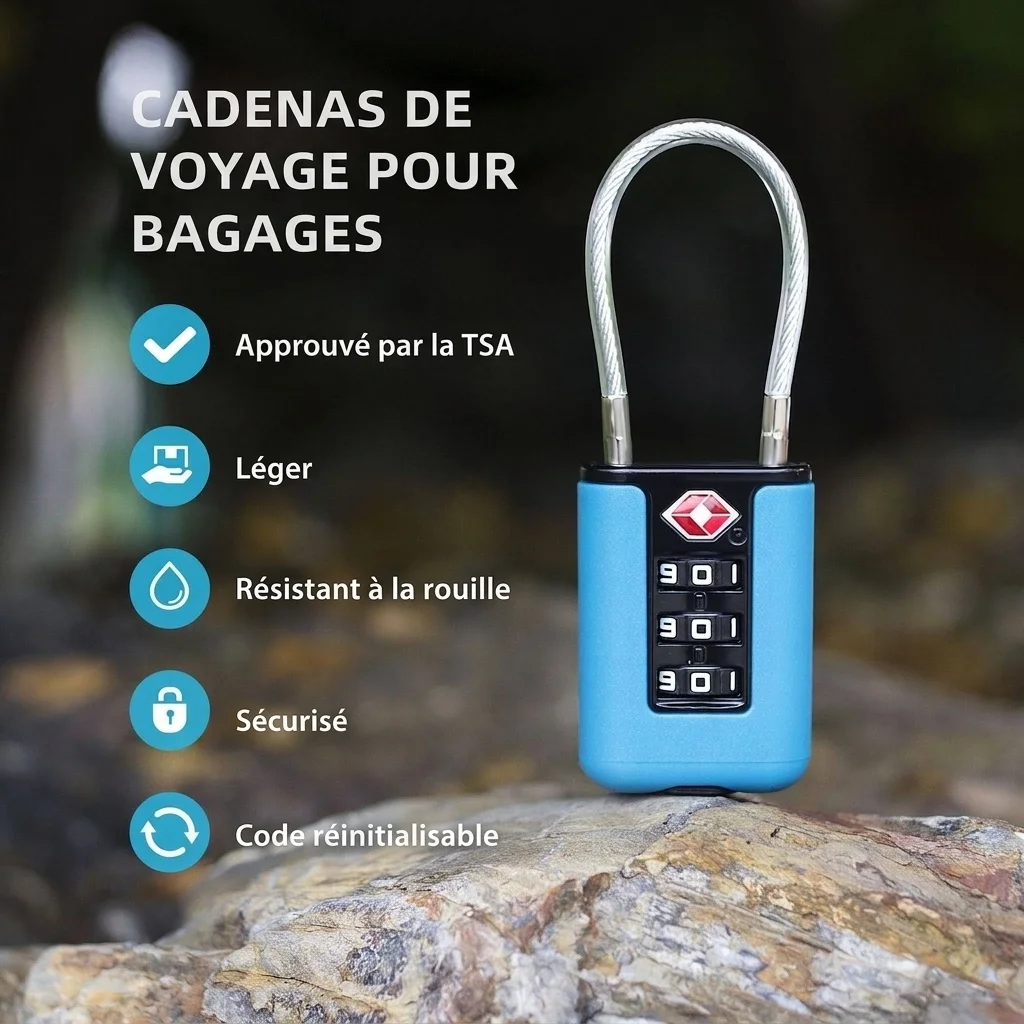 Cadenas de voyage léger à combinaison 3 chiffres, homologué TSA, anse en fil d'acier inoxydable, cadenas de sécurité réinitialisable pour bagages et sacs à dos