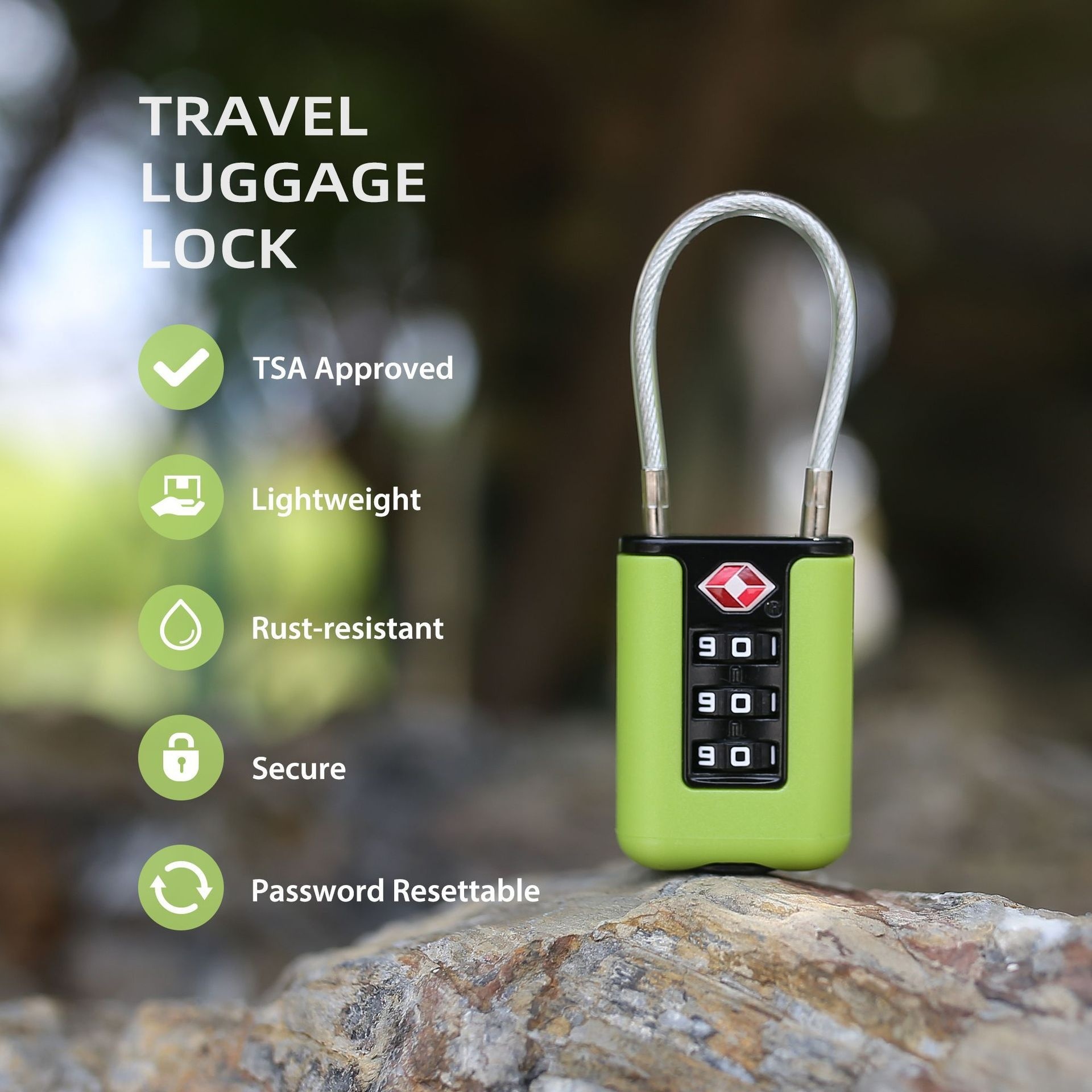 Lightweight TSA Approved 3-Dial Combination Travel Lock, Rust-Resistant Steel Wire Shackle, Resettable Security Padlock for Luggage, Backpack