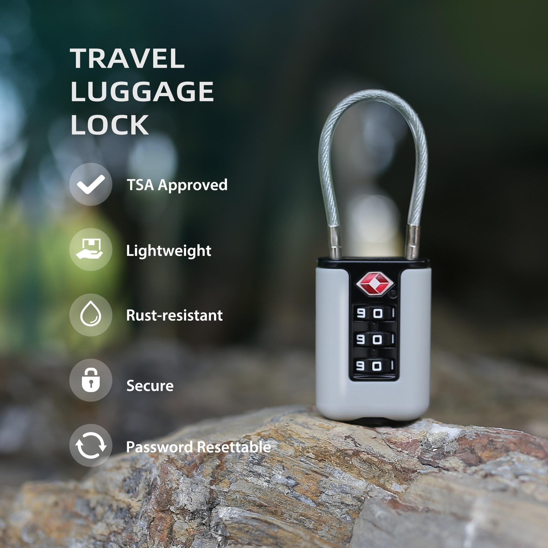 Lightweight TSA Approved 3-Dial Combination Travel Lock, Rust-Resistant Steel Wire Shackle, Resettable Security Padlock for Luggage, Backpack