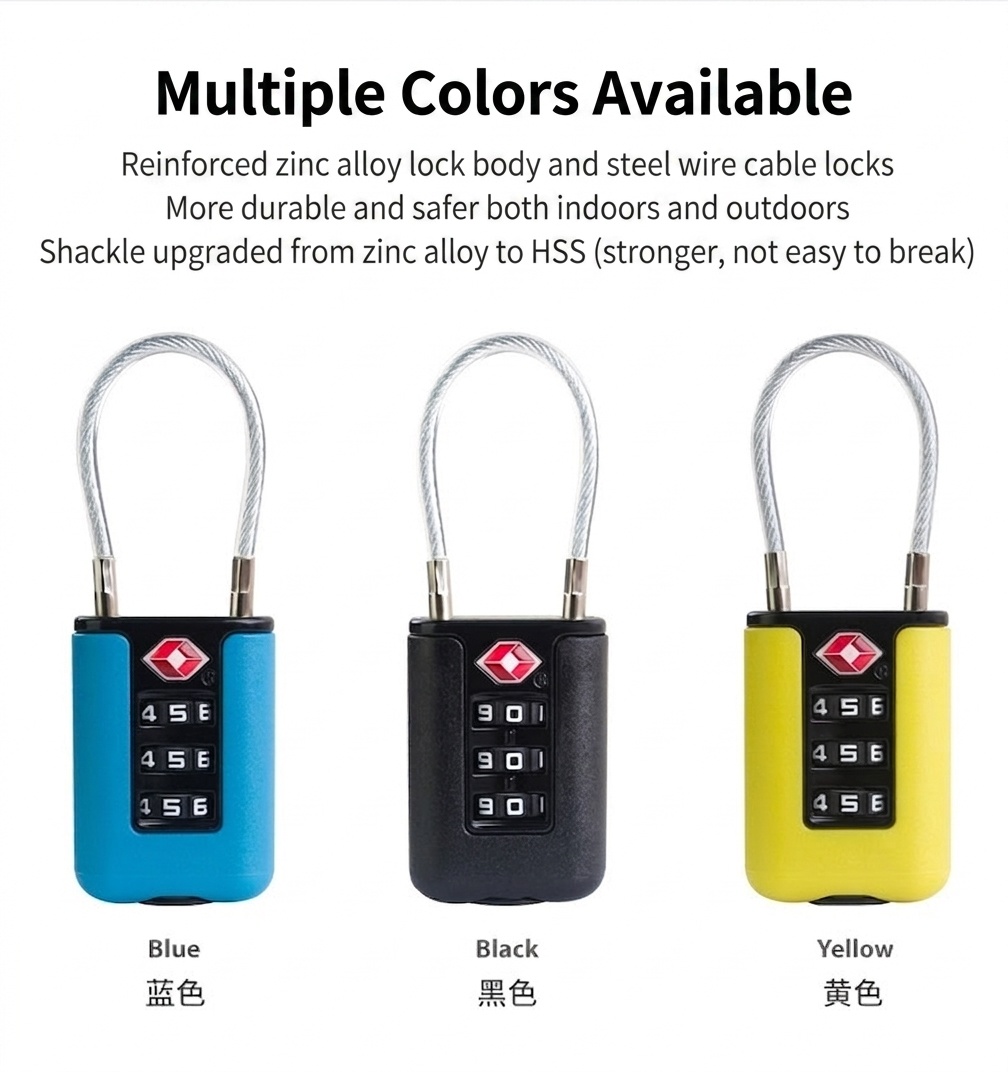 Lightweight TSA Approved 3-Dial Combination Travel Lock, Rust-Resistant Steel Wire Shackle, Resettable Security Padlock for Luggage, Backpack