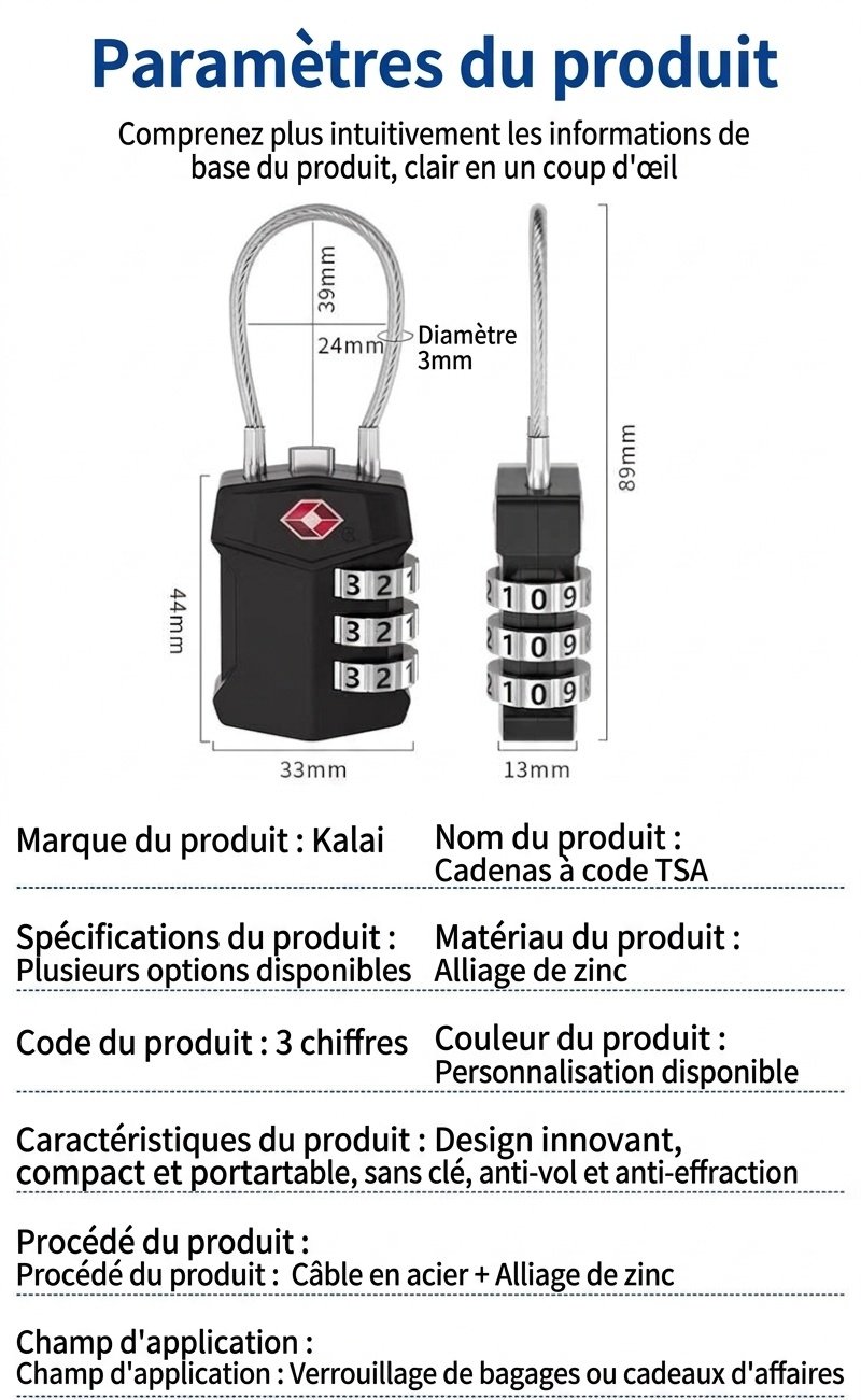 Cadenas de voyage à combinaison 3 chiffres homologué TSA, corps en alliage de zinc avec câble en acier flexible, cadenas de sécurité réinitialisable pour bagages, sac de sport, valise