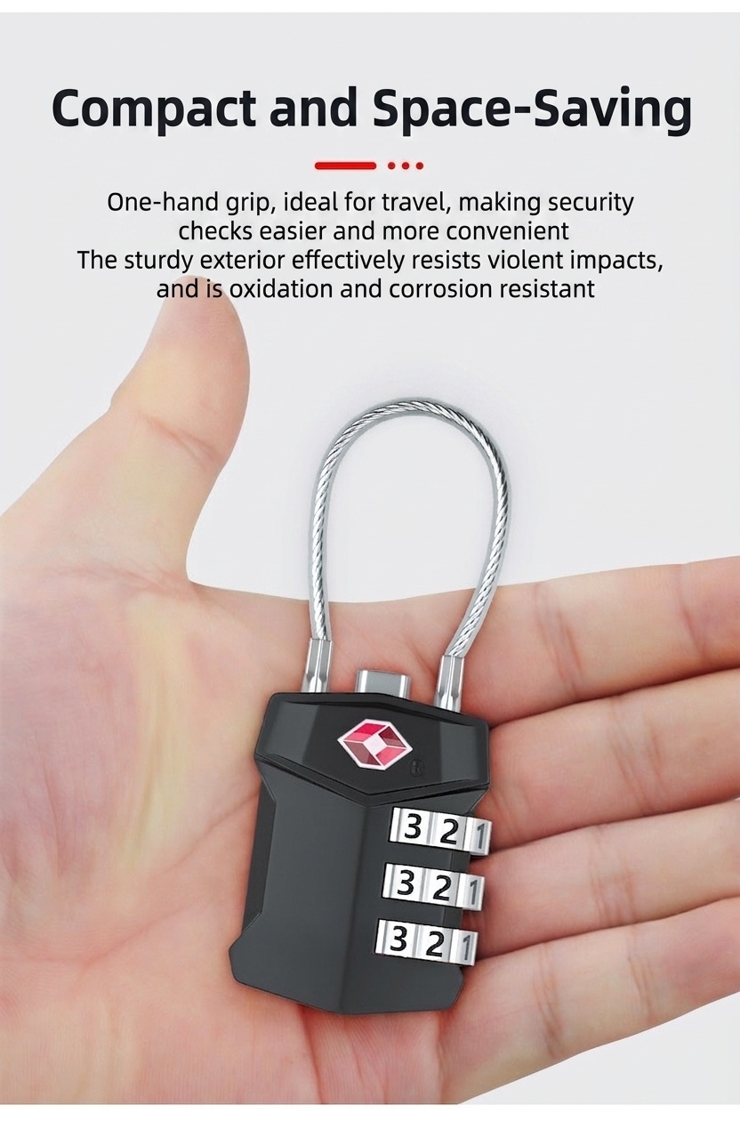 TSA Approved 3-Digit Combination Travel Lock, Zinc Alloy Body with Flexible Steel Cable, Resettable Security Padlock for Luggage, Gym Bag, Suitcase