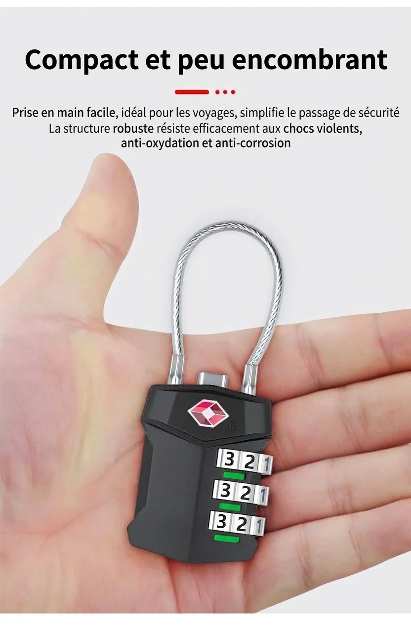 Cadenas de voyage à combinaison 3 chiffres homologué TSA, corps en alliage de zinc avec câble en acier flexible, cadenas de sécurité réinitialisable pour bagages, sac de sport, valise