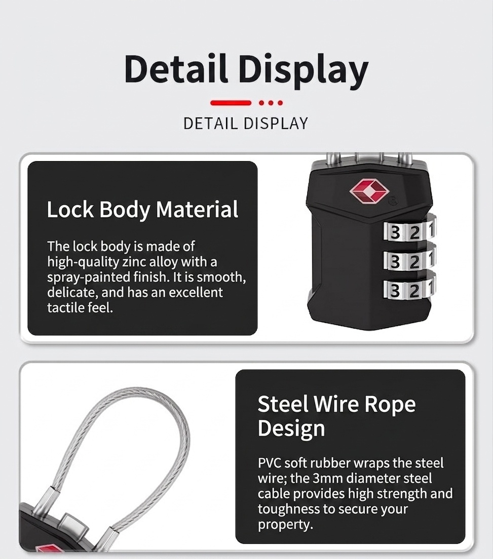 TSA Approved 3-Digit Combination Travel Lock, Zinc Alloy Body with Flexible Steel Cable, Resettable Security Padlock for Luggage, Gym Bag, Suitcase