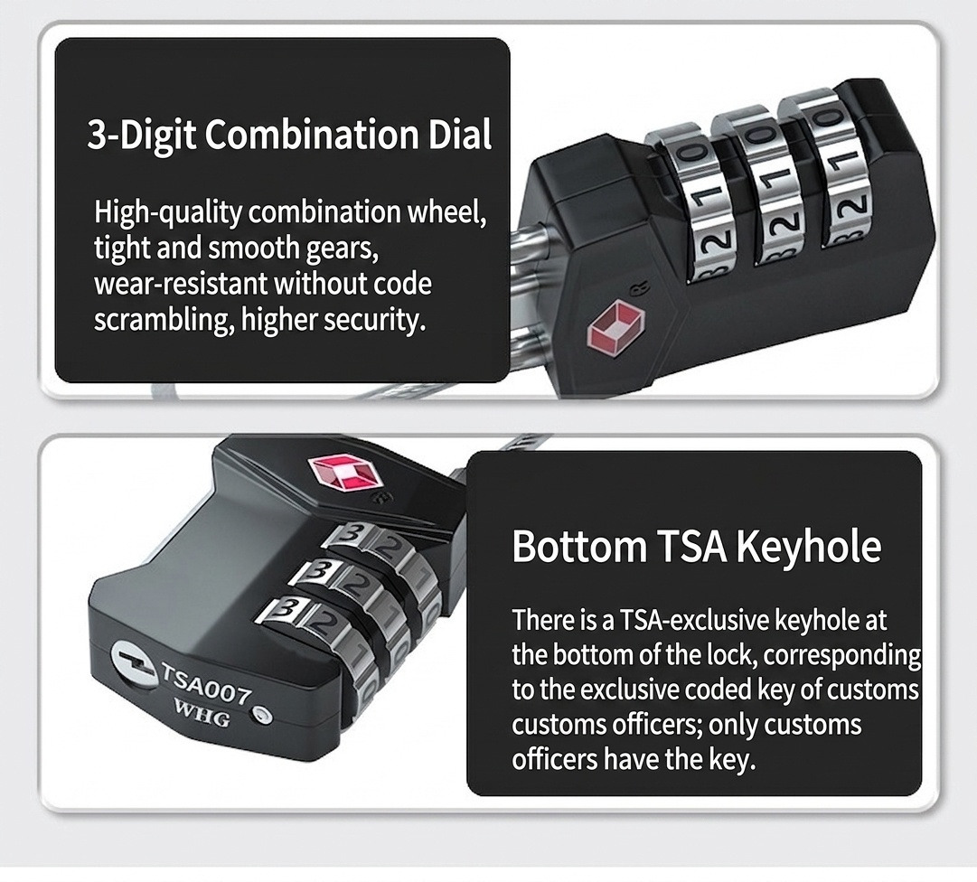 TSA Approved 3-Digit Combination Travel Lock, Zinc Alloy Body with Flexible Steel Cable, Resettable Security Padlock for Luggage, Gym Bag, Suitcase