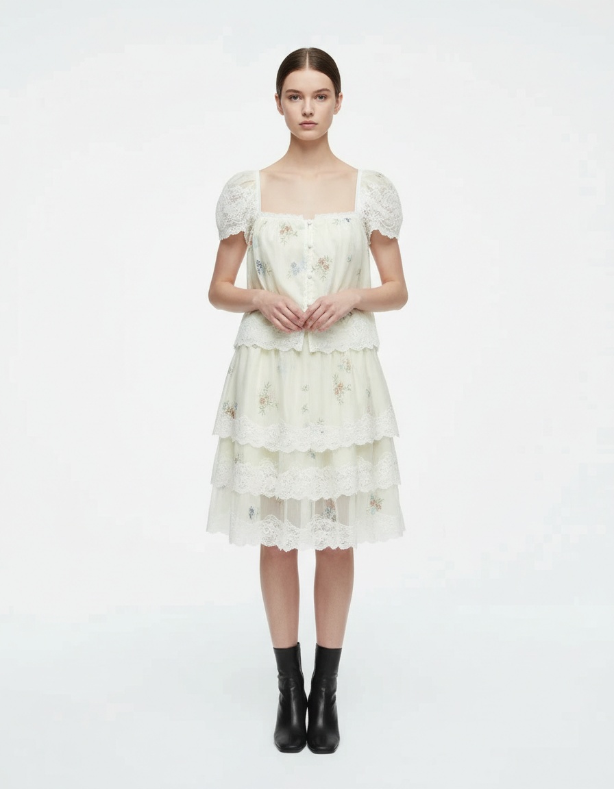 Completo composto da top a canotta e gonna in pizzo floreale ricamato KUN-00083