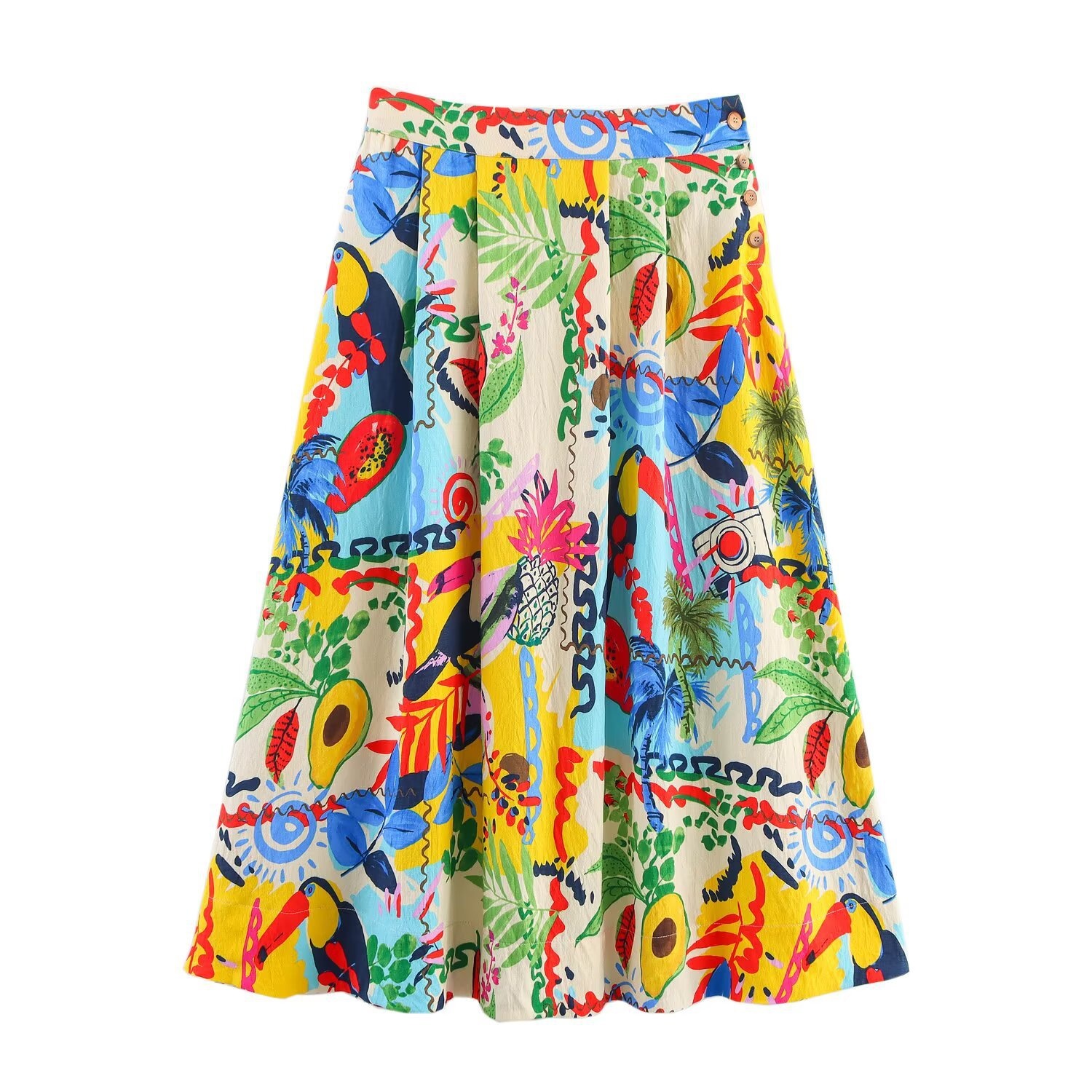 Completo composto da crop top stampato e gonna midi a tema tropicale KUN-00085