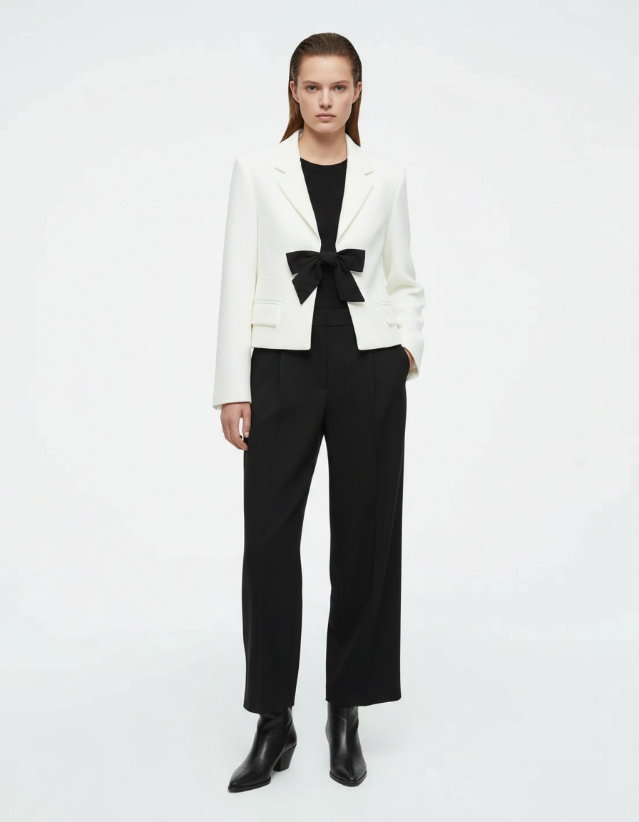 Blazer da donna, giacca elegante con blocchi di colore e fiocco, modello KUN-00019