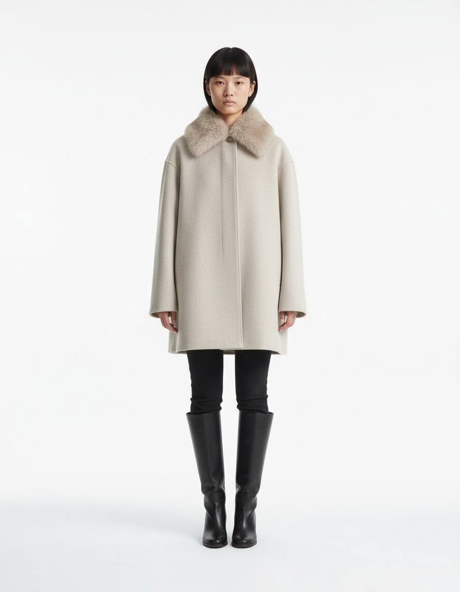 Elegante cappotto corto in misto lana con collo di pelliccia KUN-00038